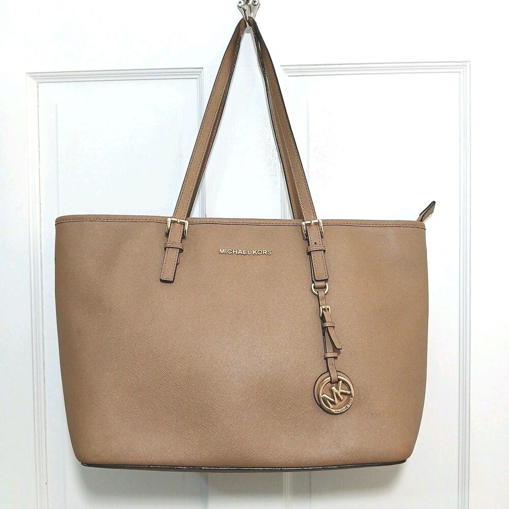 Michael Kors Jet Set Travel Tote Saffiano Leather Tan Gold Hardware Large